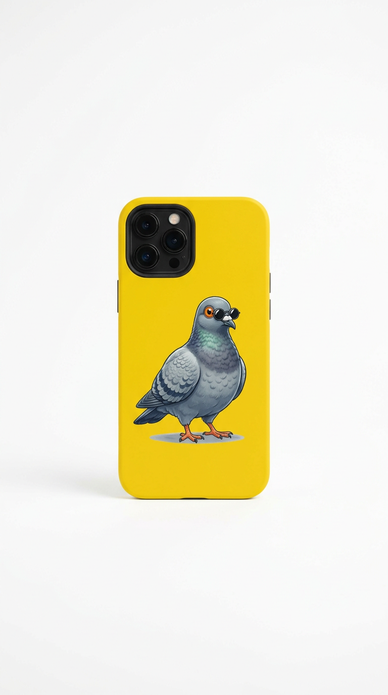 Sample image: a yellow phone case with a pigeon in tiny sunglasses