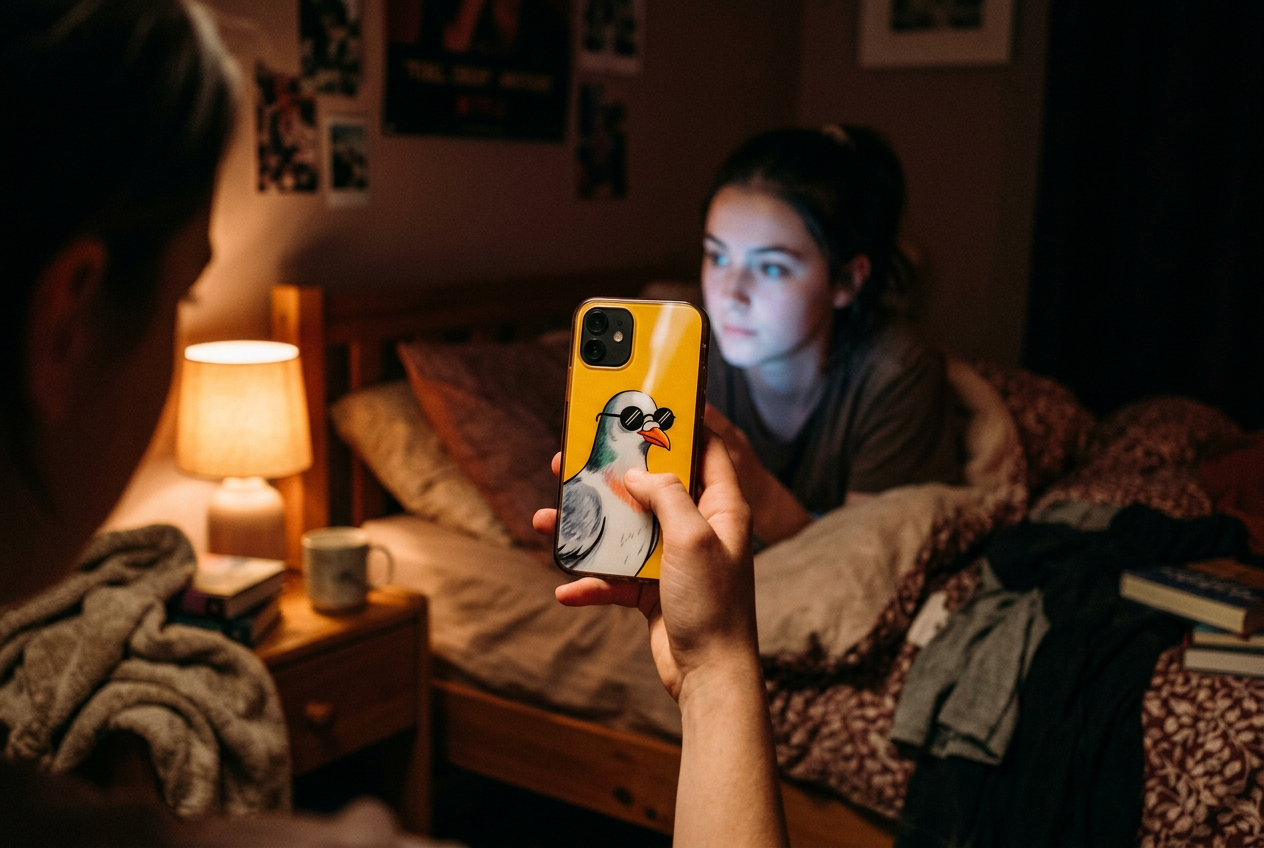 Sample image: a hand holds up a phone whose case shows a pigeon in tiny sunglasses, in a dim bedroom