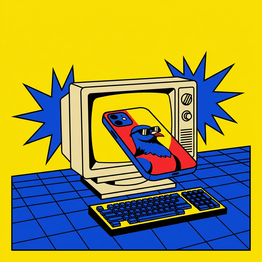Sample illustration: a retro computer monitor with a phone case sliding out of the screen, between two blue starbursts