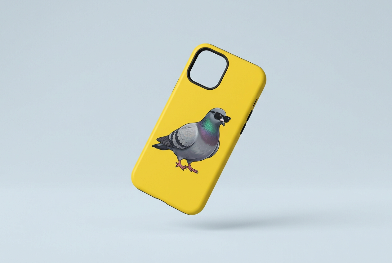 Sample image: a yellow phone case with a pigeon in tiny sunglasses floating above a pale blue floor